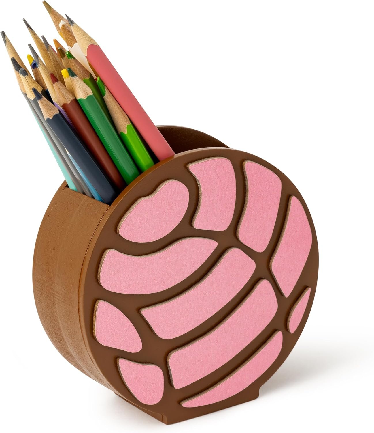 MALLMALL6 Mexico Concha Pencil Holder – 3D Mexican Bread Pink Wooden Pen Holder, Back to School Funny Caddy Case Gift for Kids, Desktop Storage Organizer for Classroom Teacher Office