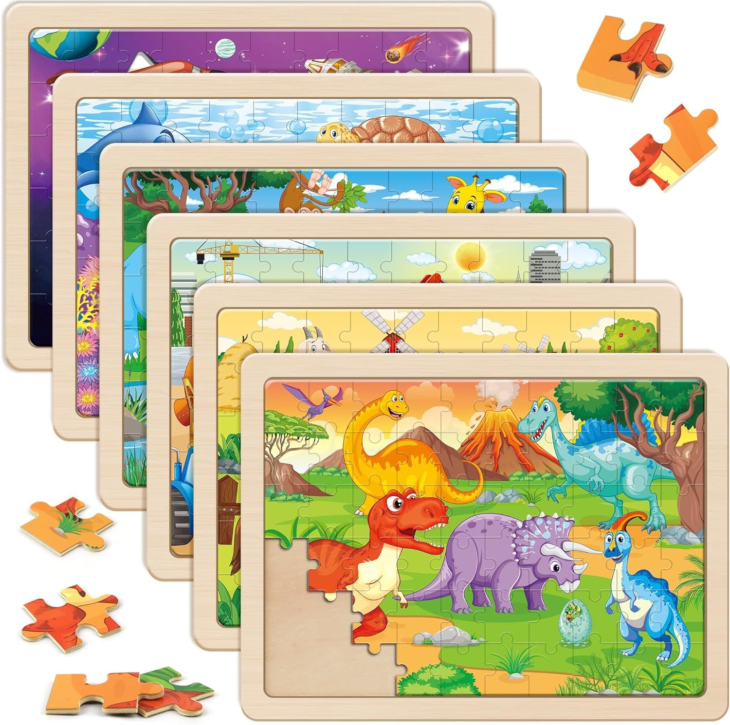 SYNARRY Wooden Puzzles for Kids Ages 4-6, 6 Packs 60 PCs Jigsaw Puzzles Preschool Educational Toys for Children Ages 4-8, Puzzles for Kids Ages 6-8 Boys Girls, Easter Basket Stuffers for Kids