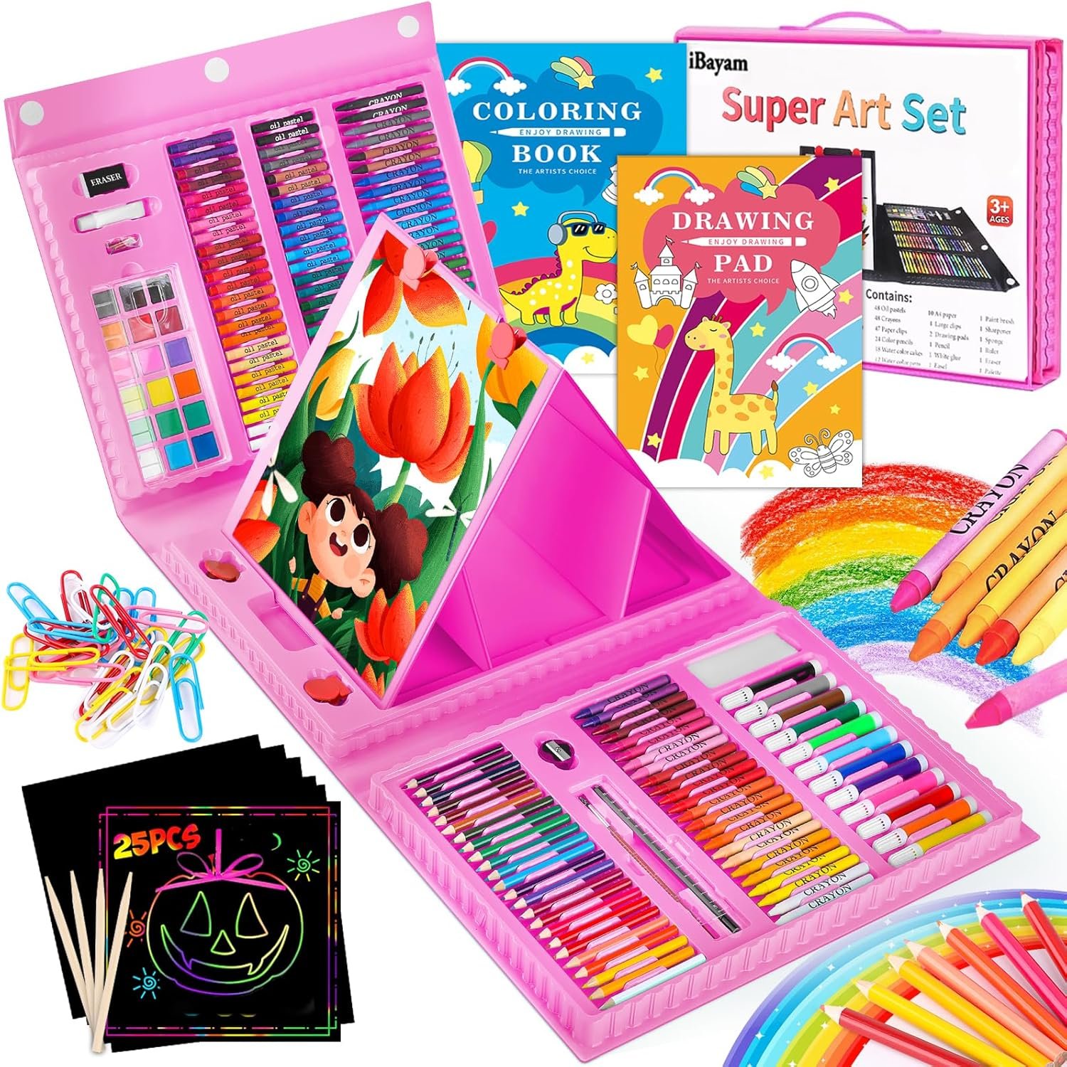 iBayam 251-Pack Art Supplies, Drawing Arts Kits for Kids Teens Adult – Travel Art Set Case with Double Sided Trifold Easel, Drawing Pad, Coloring Book, Scratch Paper, Gifts Idea for Girls Boys Artist