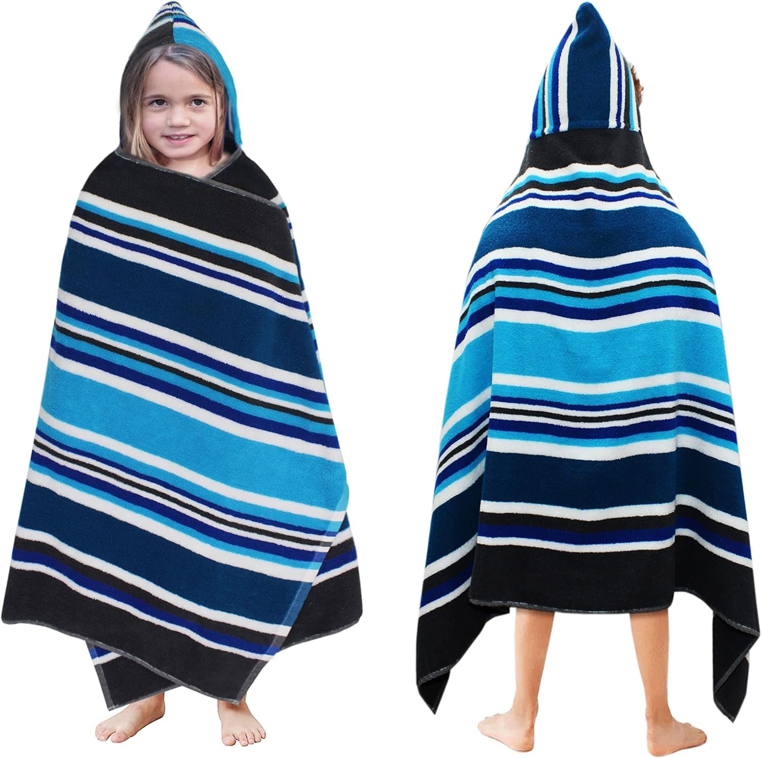 ORIGINAL KIDS Hooded Bath Towel Wrap – 100% Cotton Terry Large Oversized Hooded Kids Towel – Toddler Shower Pool Beach Towel – Super Soft Plush Absorbent Quick Dry Easy Care Gift – 30×60- Stripes Blue
