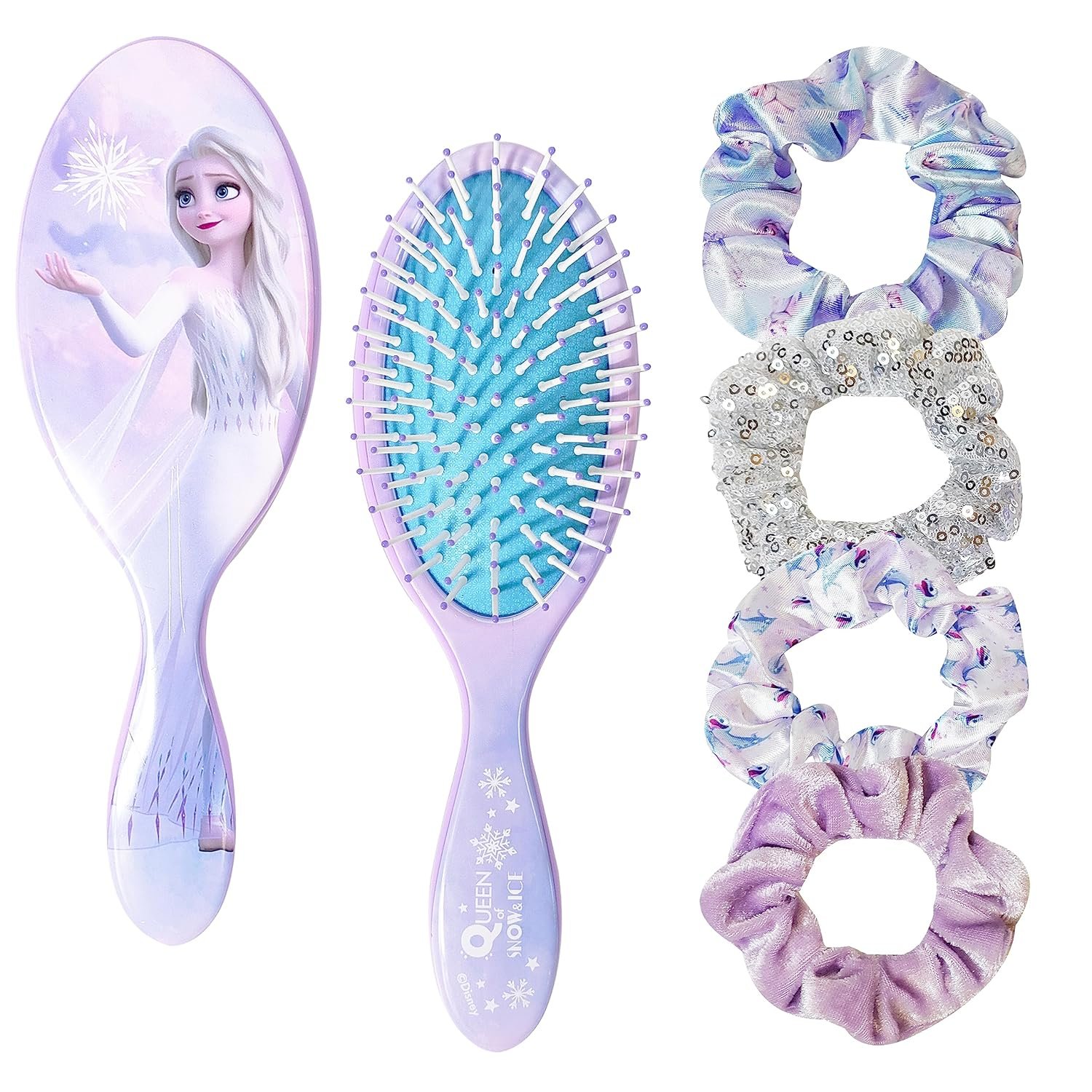 Frozen Princess Elsa Hair Accessory 5 Pcs Set – 1 Regular 9 inch Frozen Hairbrush & 4 Frozen Scrunchies – Detangling Brush & Elastic Hair Ties Ropes for Girls, Ages 3+