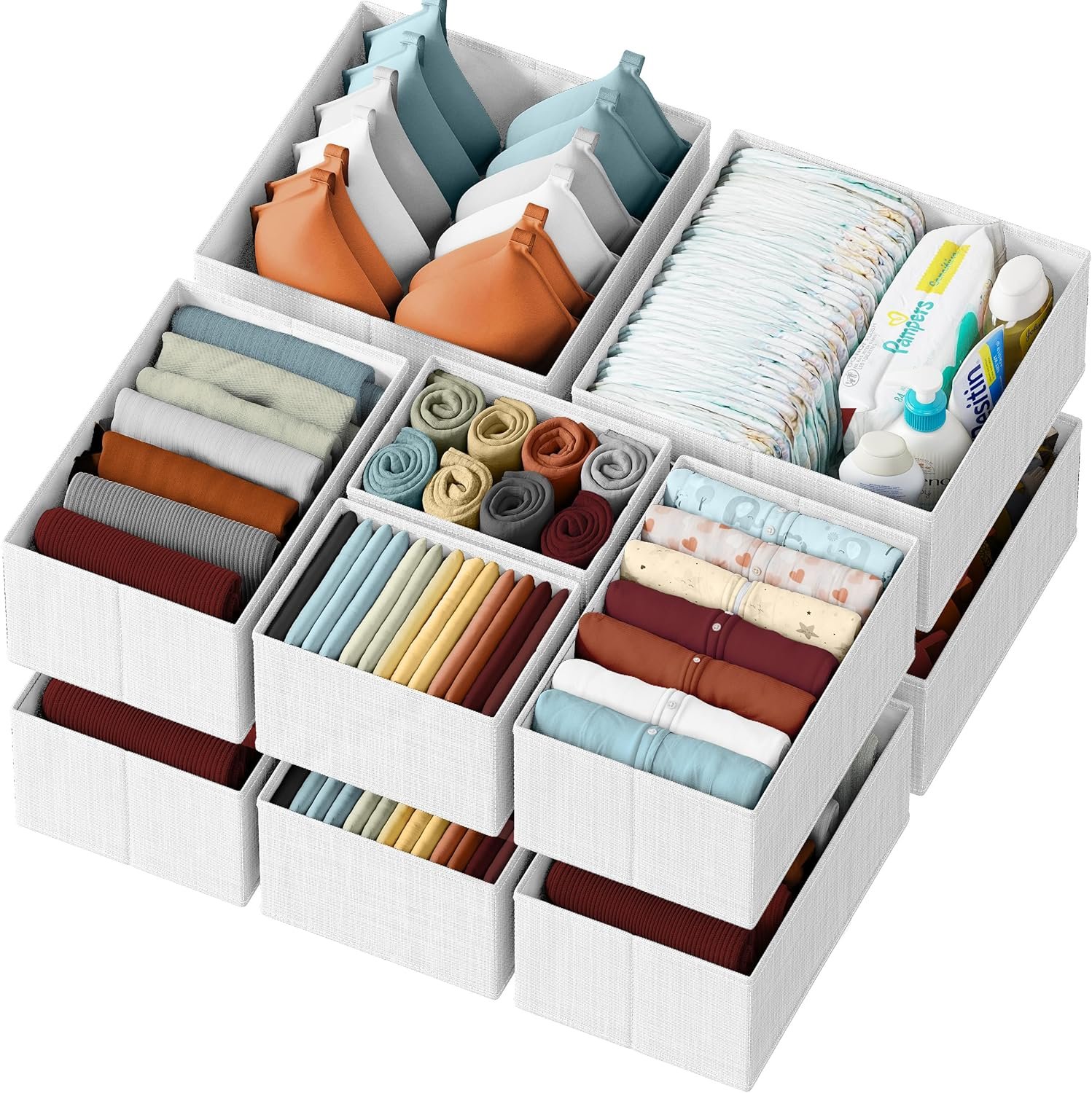 Drawer Organizer Clothes Set of 12 White-Grey – Dresser Organizer For Nursery, Bedroom, Closet – Perfect Baby Clothes Organizer and Storage & General Nursery Organization or Dresser Drawer Organizers