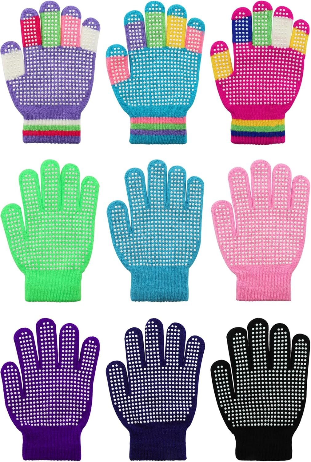 Whaline 9 Pairs Kids Anti-Skid Magic Gloves Winter Knitted Gloves Full Finger Grip Anti-Slip Children Gloves for Boys Girls