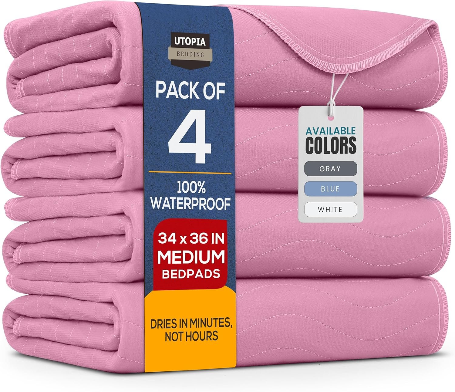 Utopia Bedding Washable Underpads 34″ x 36″ (Pack of 4), Waterproof Reusable Heavy Absorbency Incontinence Bed Pads for Adults, Kids, Elderly and Pets, Bedwetting Pads for Sofa and Couch (Pink)