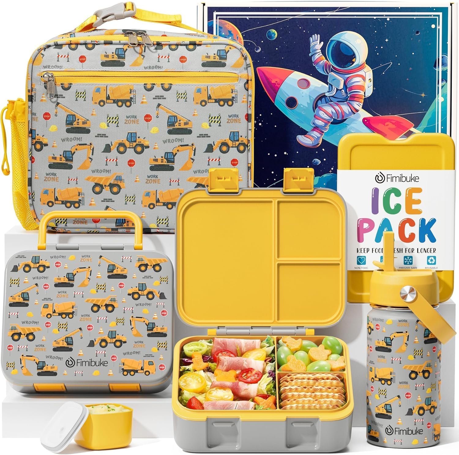 Fimibuke Bento Lunch Box for Kids – Toddler Snack Bento Box Container with 3 Compartments, Stainless Steel Water Bottle, Insulated Lunch Bag, Ice Pack Set for Ages 3-12 Girl Boy Daycare Back to School