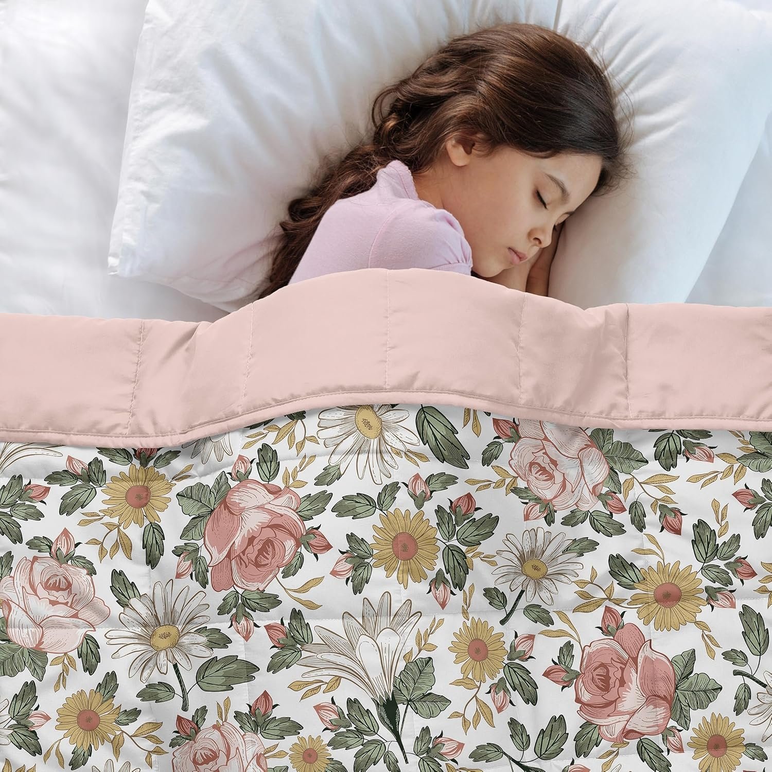 Sweet Jojo Designs Weighted Blanket Kids (Vintage Floral Boho) for Girls, Small Size Throw Lap Pad Washable 5 pounds (Blush Pink, Yellow, & Green Bohemian, Shabby Chic, Rose, Flower, Farmhouse, White)