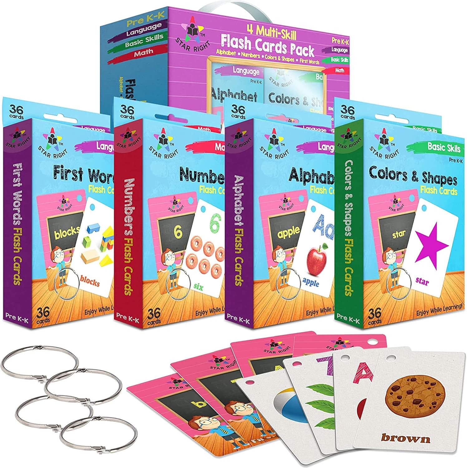 Star Right Flash Cards Set of 4 – Numbers, Alphabets, First Words, Colors & Shapes – Value Pack Flash Cards with Rings for Pre K – K