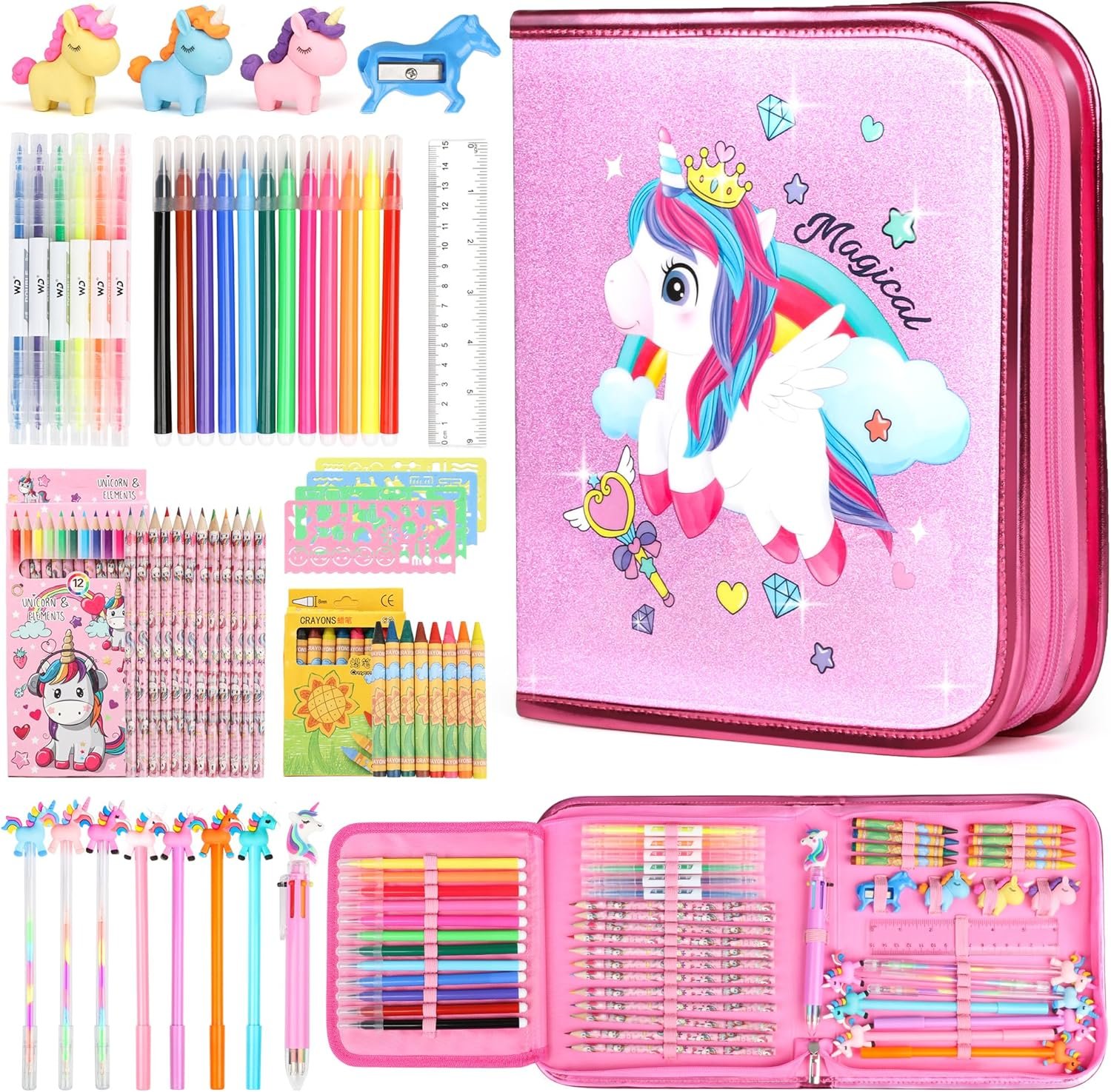 beefunni Unicorn Fruit Scented Markers Set 56 Pcs, Art Supplies for Kids 4-6-8, Arts and Crafts Coloring Set, Markers Pencil Crayon&Gel Pen Drawing Kits – Birthday Gifts for Girls 4 5 6 7 8 Year Old