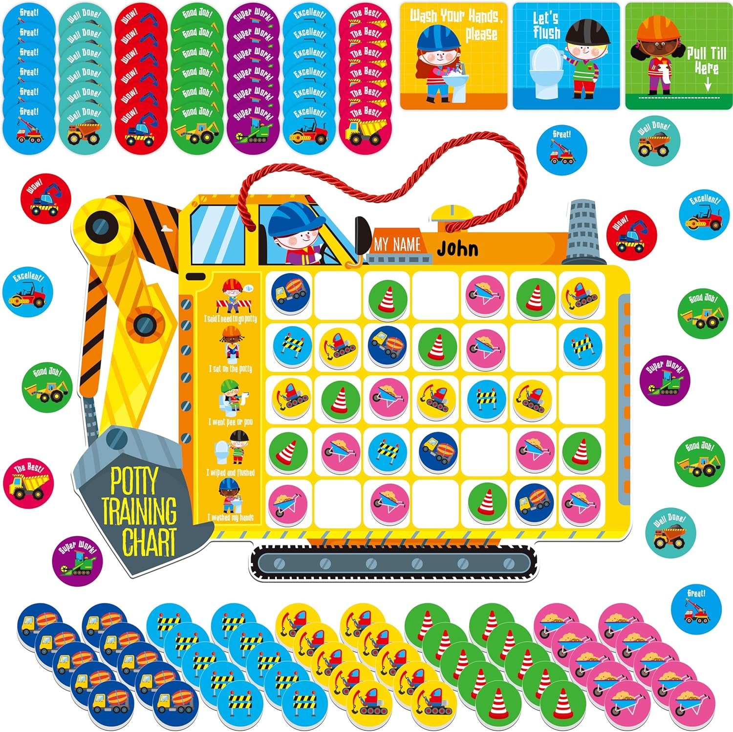 Magnetic Potty Training Chart, Tractor Reward Potty Training Chart with 50 Reusable Magnets Plus 45 Stickers and a Storage Bag, Perfect for Boys & Girls, Multiple Toddlers (14.2” X 10”)