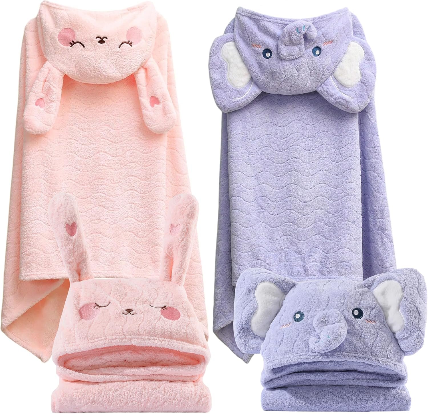 2 Pack Hooded Towels for Toddlers – Thick 55″ x 27.5″ Baby Bath Towel Set for Girls and Boys – Super Absorbent, Age 1-5, Elephant & Rabbit