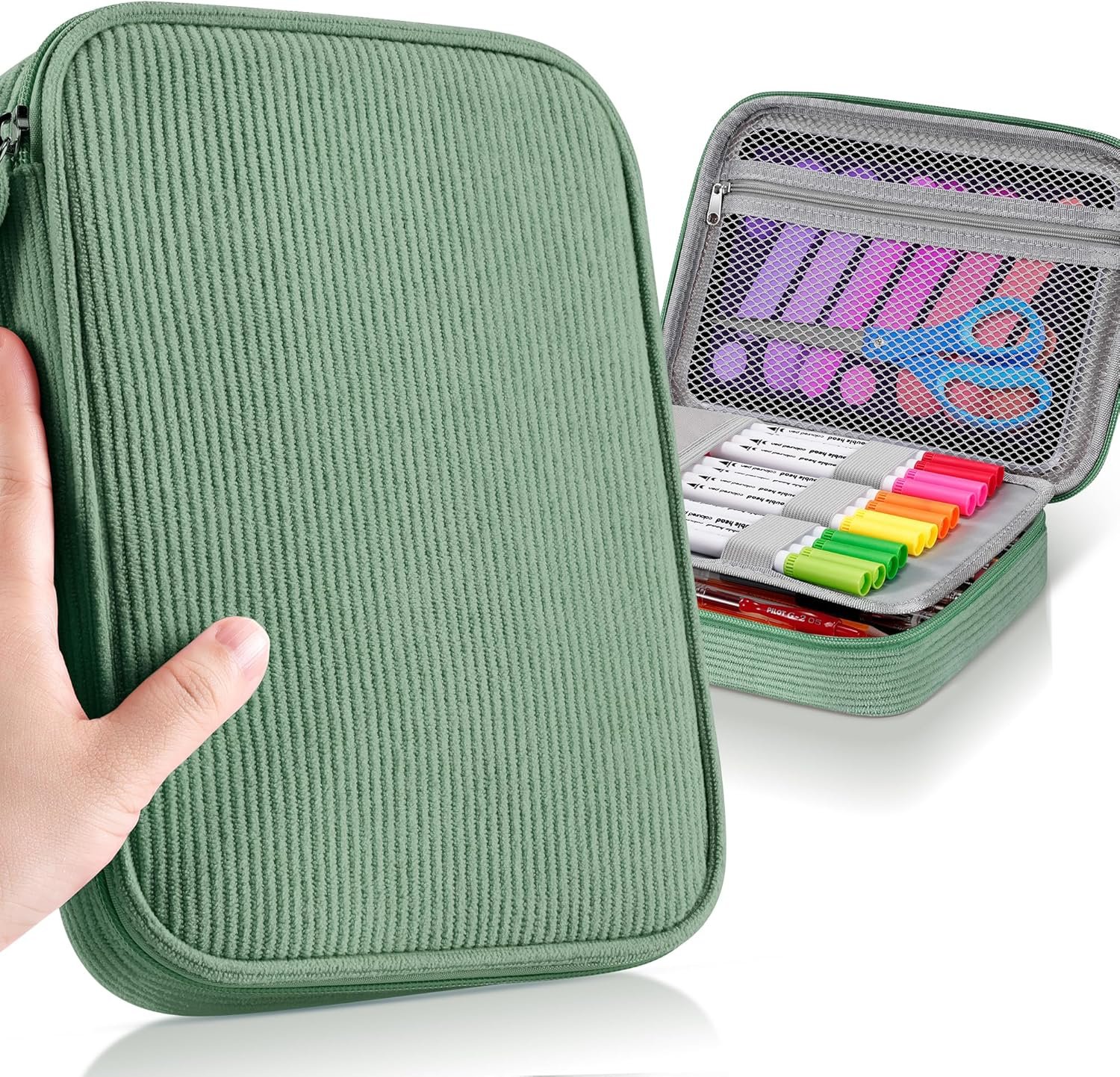 Zannaki Large Capacity Pencil Pouch Organizer | Soft Corduroy Pencil Box for Girls Boys Teens | Cute Big Pen Bag with Multiple Zipper Pockets – Pencil Case Storage for Art Supplies & Stationery-Green