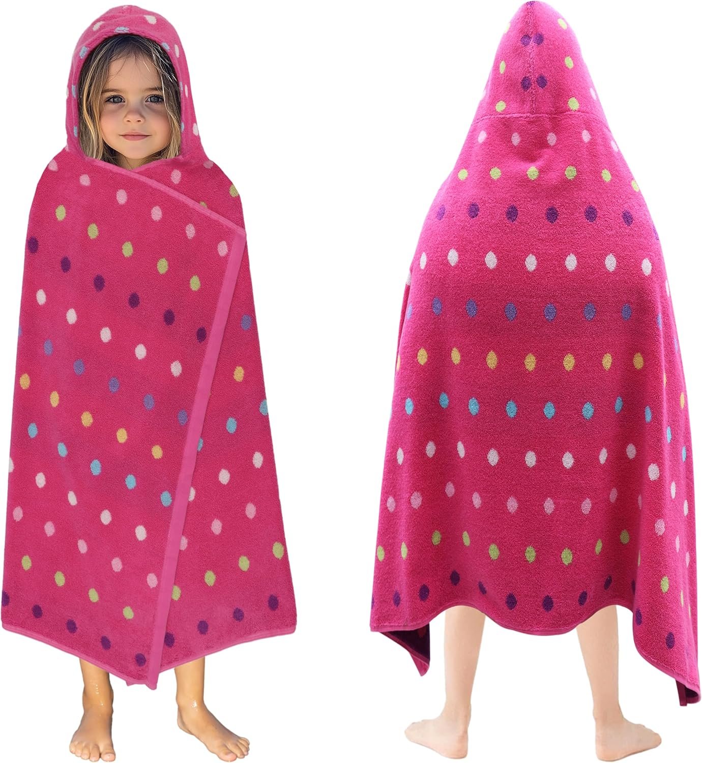 ORIGINAL KIDS Hooded Bath Towel Wrap – 100% Cotton Jacquard Reversible Large Hooded Kids Towel – Toddler Shower Pool Beach Towel – Soft Plush Absorbent Quick Dry Easy Care Gift -26×50- Pink Multicolor