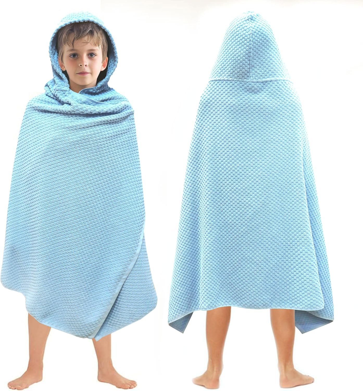 ORIGINAL KIDS Waffle Hooded Bath Towel Wrap – 100% Cotton Terry Large Oversized Hooded Kids Towel – Toddler Big Kid Shower Pool Beach – Super Absorbent Quick Dry Easy Care – 30 x 56 – Light Blue