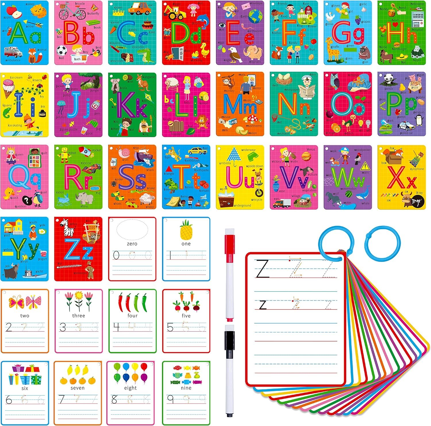 31 PCS Alphabet Flash Cards, Double-Sided Printing Dry Erase Letters Sight Words and Number Learning Cards Letter Tracing Practice Cards for Preschool, Kindergarten (2 Reclosable Rings & 2 Markers)
