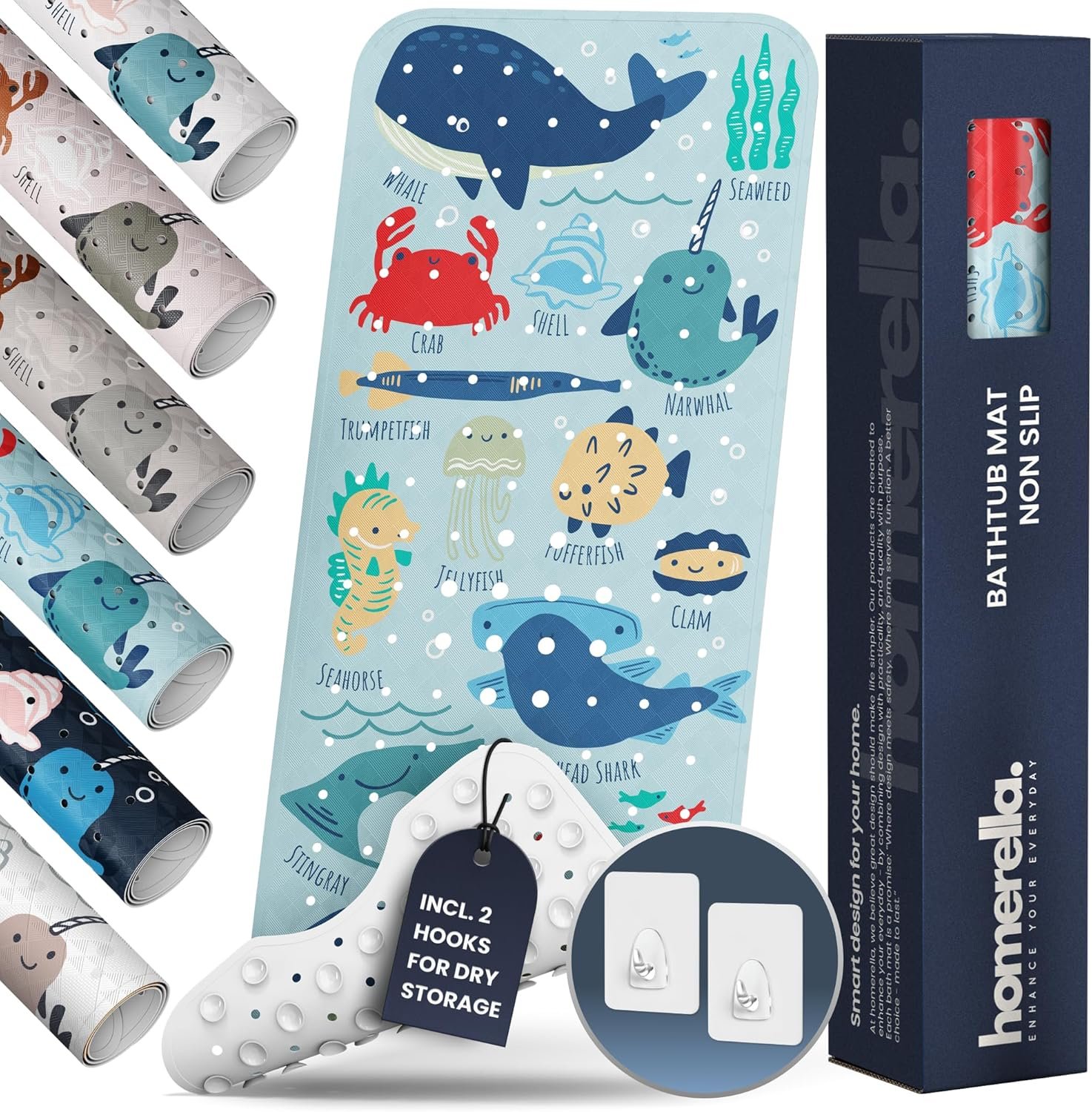 Bath Tub Mat Non Slip Anti Mold for Kids BPA Free INCL Hooks – homerella® Ocean Sea Animals 40×16, Baby Bath Mat Non Slip 200 Suction Cups, Non Toxic Machine Washable Toddler Bath Mat, EU Certified
