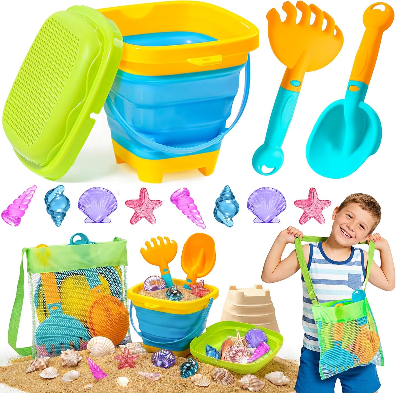 DUDUCOFU Collapsible Beach Sand Toys for Kids Toddlers, Collapsible Sand Buckets Sifter and Shovels Rake Diving Gem Pool Toy Set with Mesh Bag, Travel Beach Vacation Essentials Toys for Boys Girls