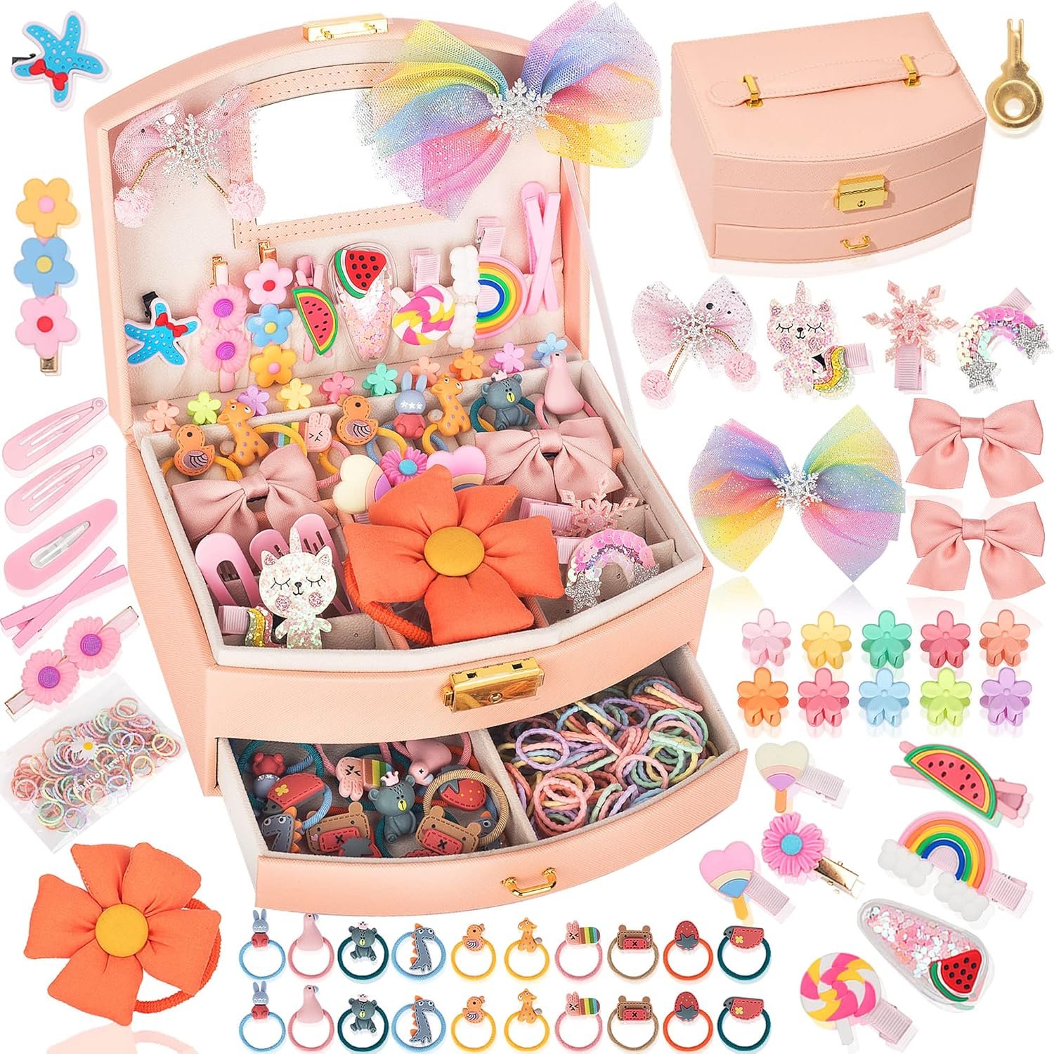 Hair Accessories Set for Girls: Jewelry Box, Hair Clips, Barrettes, Ties, Bows – Teen Girl Gift for Ages 4-12 (Pink)