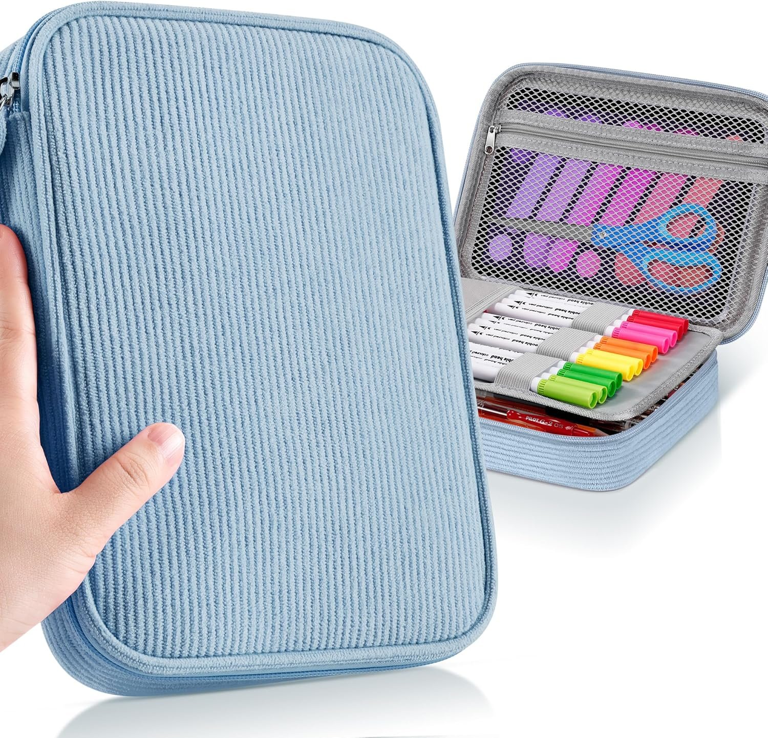 Zannaki Large Capacity Pencil Pouch Organizer | Soft Corduroy Pencil Box for Girls Boys Teens | Cute Big Pen Bag with Multiple Zipper Pockets – Pencil Case Storage for Art Supplies & Stationery-Blue