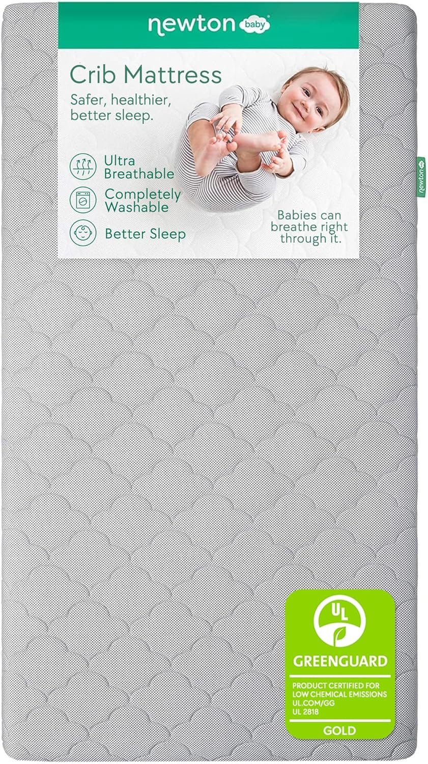 Newton Baby Waterproof Crib Mattress and Toddler Bed – Ultra-Breathable Proven to Reduce Suffocation Risk, Washable Core & Cover, All-Stages, Infant to Toddler, Deluxe 5.5″ Thick – Grey