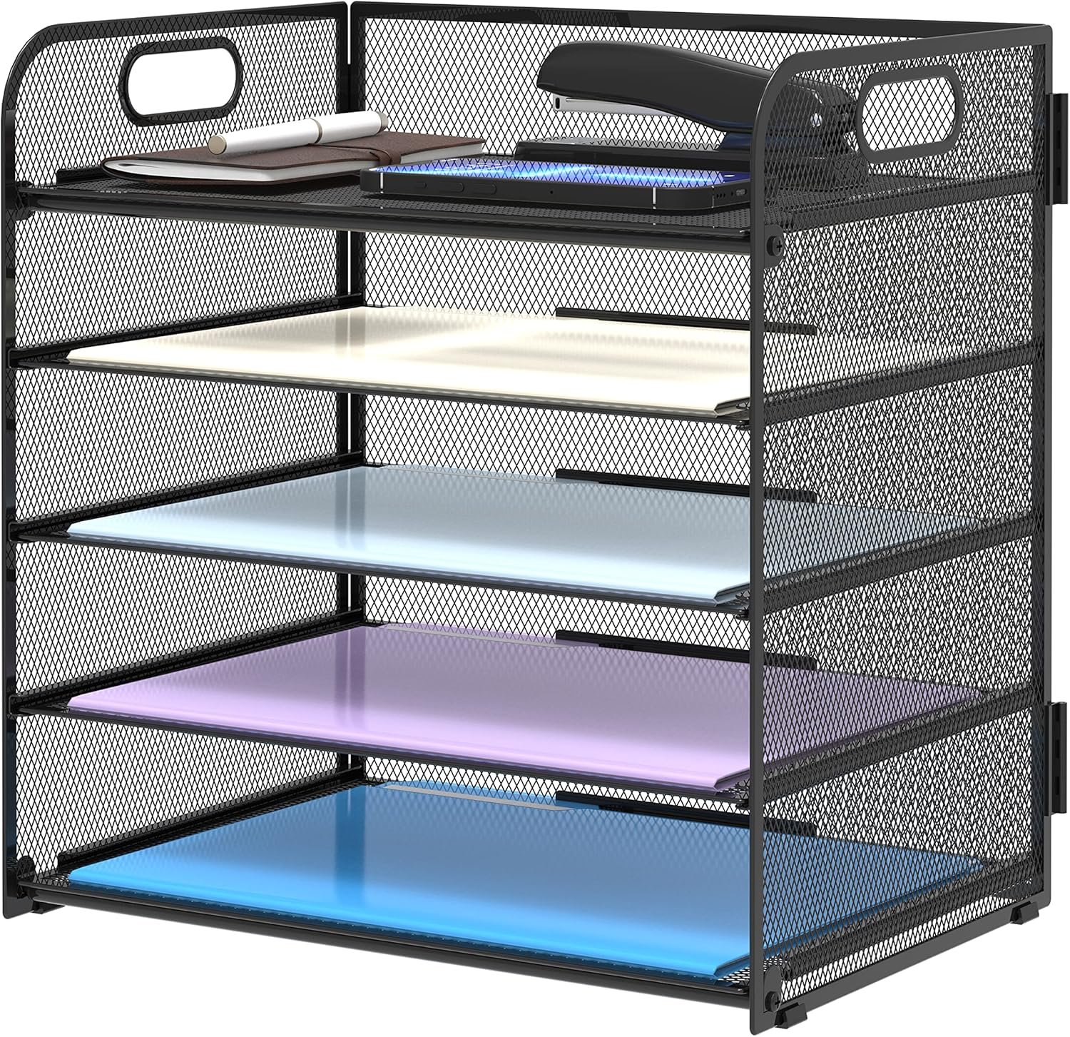 Supeasy 5 Trays Paper Organizer Letter Tray with Handle-Mesh Desk File Holders, Paper Sorter Desk Organizer for Office, Home, Classroom or School