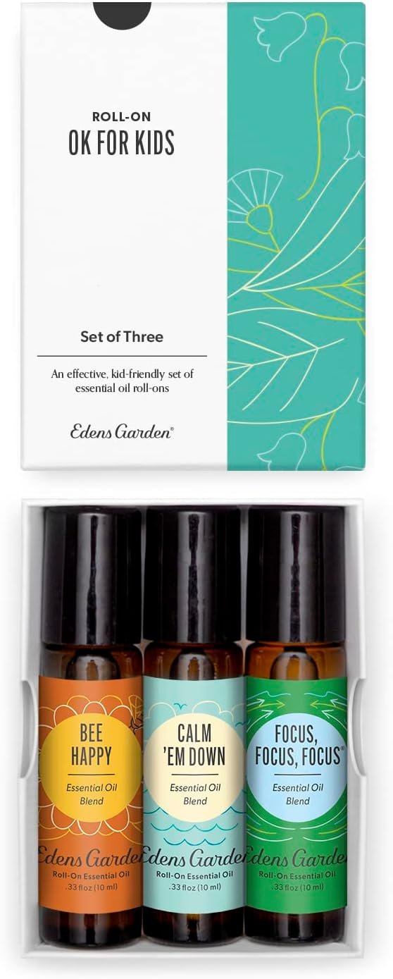 Edens Garden OK For Kids Essential Oil Roll-On 3 Set – 100% Pure Therapeutic Grade, Natural Aromatherapy Blends – Gentle & Pre-Diluted, Includes Bee Happy, Calm ‘Em Down & Focus, 10 ml Roll-On/ 3 Pack