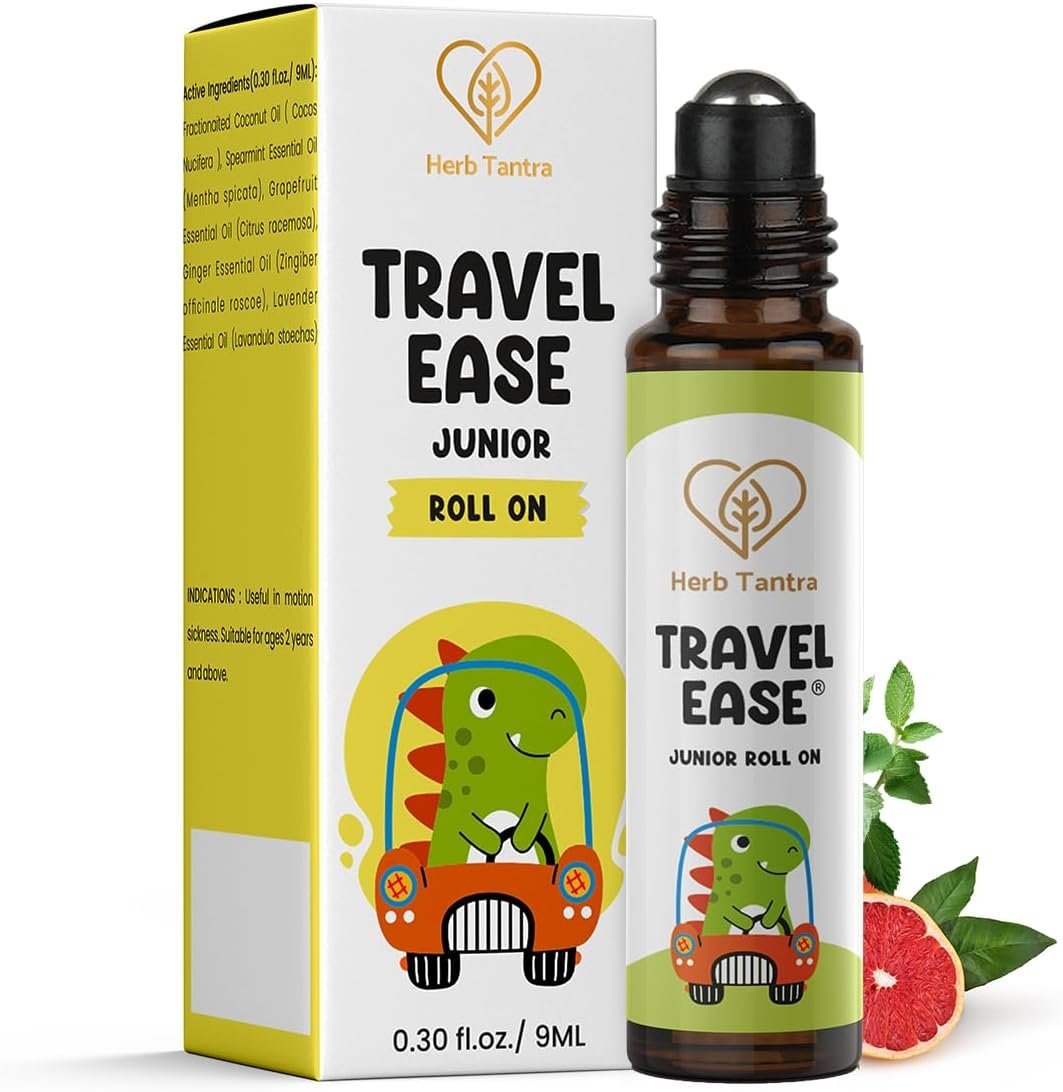 Herb Tantra Travel Ease Junior Kids Roll On,Natural Anti Nausea Relief for Car, Cruise, Airplane, Road Trip & Flight, Essential Oil Based Non drowsy Alternative for Motion Sickness