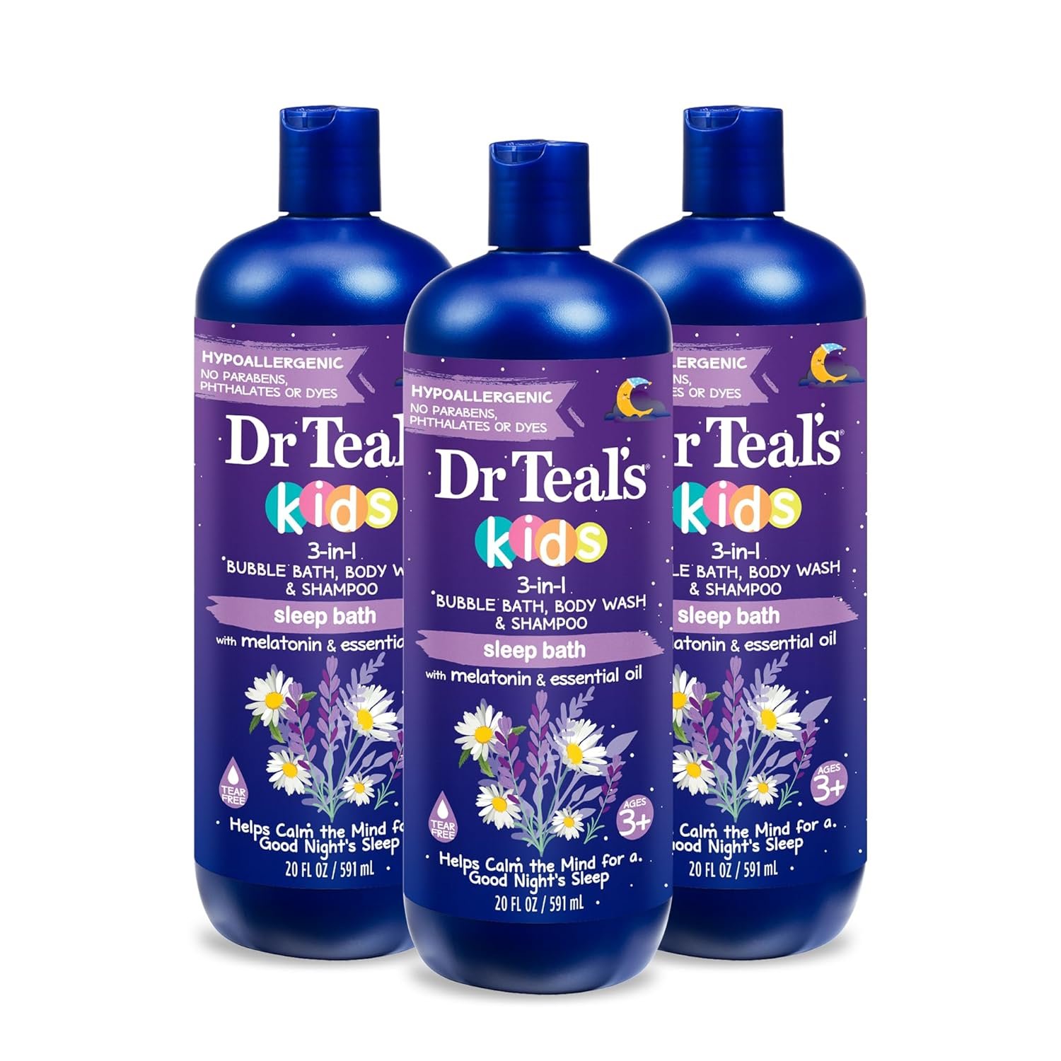 Dr Teal’s Kids 3-in-1 Sleep Bubble Bath, Body Wash & Shampoo with Melatonin & Essential Oil, Lavender Scent, 20 fl oz (Pack of 3)