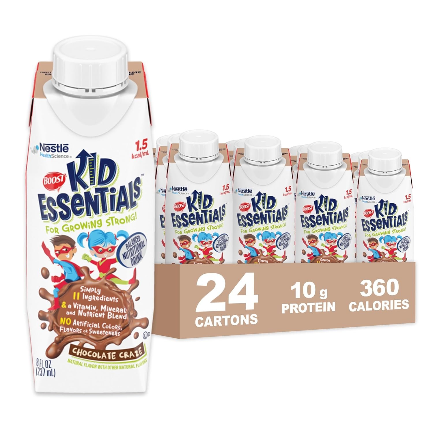 BOOST Kid Essentials (1.5 kcal/mL) Chocolate Craze Nutritional Drink, 10g Protein, Vitamin C, D, B12, and Zinc, 8 Fl Oz (Pack of 24)