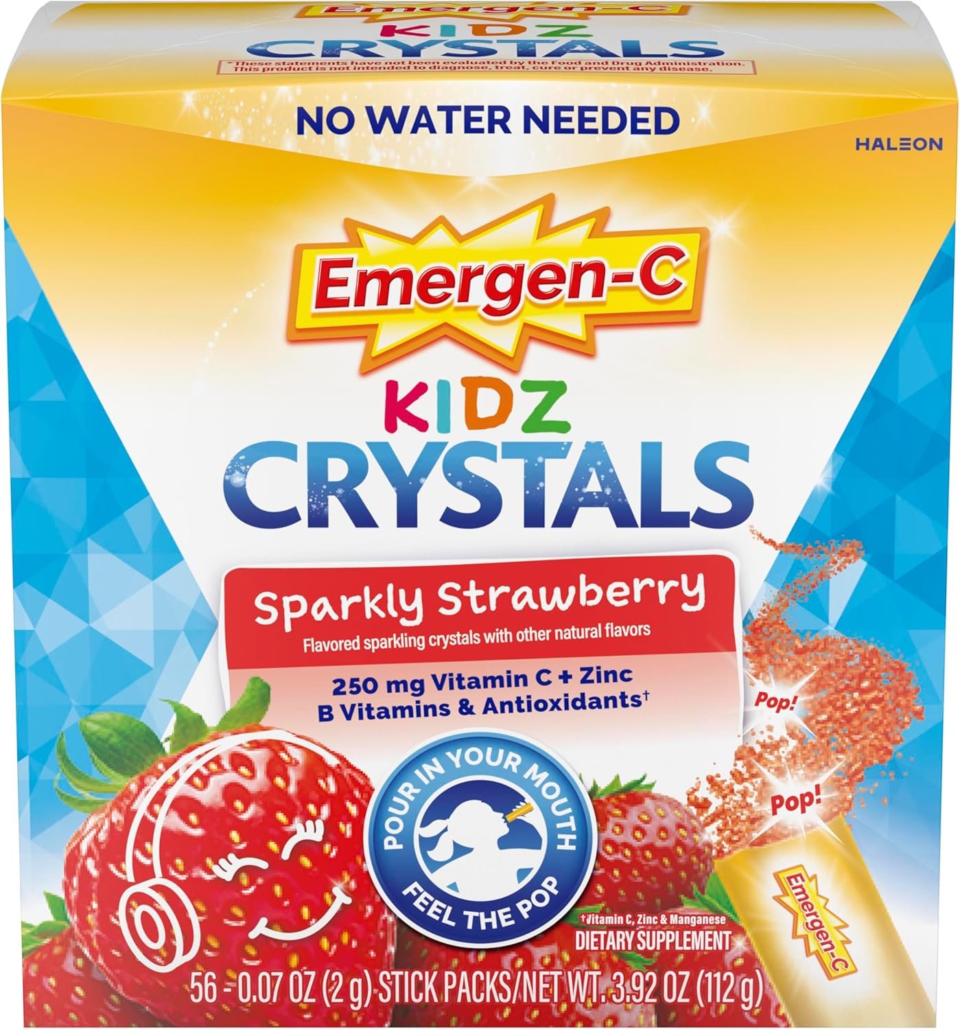 Emergen-C Kidz Crystals, On-the-Go Emergen-C Immune Support Supplement with Vitamin C, B Vitamins, Zinc and Manganese, Sparkly Strawberry, Stocking Stuffer – 56 Stick Packs