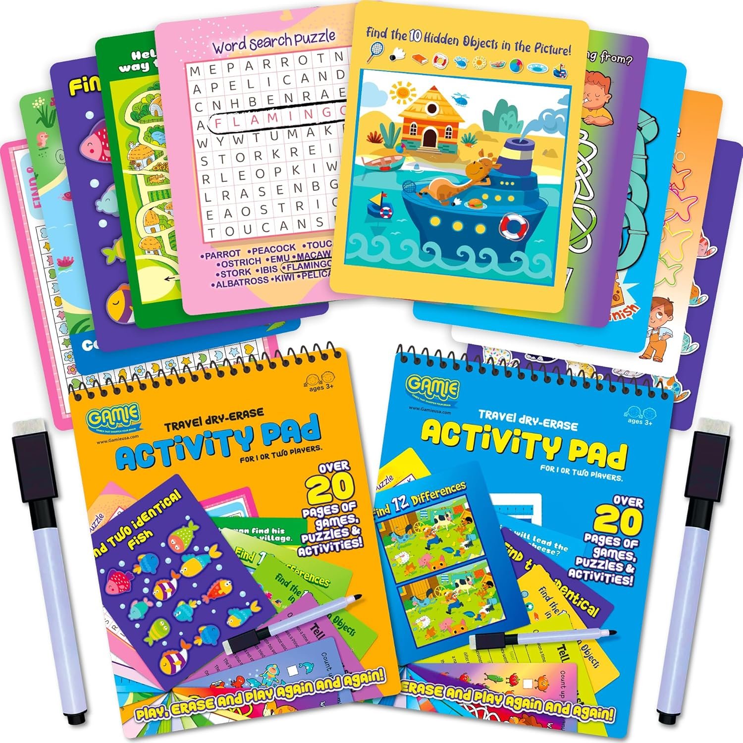Travel Reusable Activity Books- 2 Pack – Travel Games for Kids, Roads Trip Car Games & Activities Must Haves Essentials, Airplane Activities for Kids, Includes 20+ Learning Games in Each Book