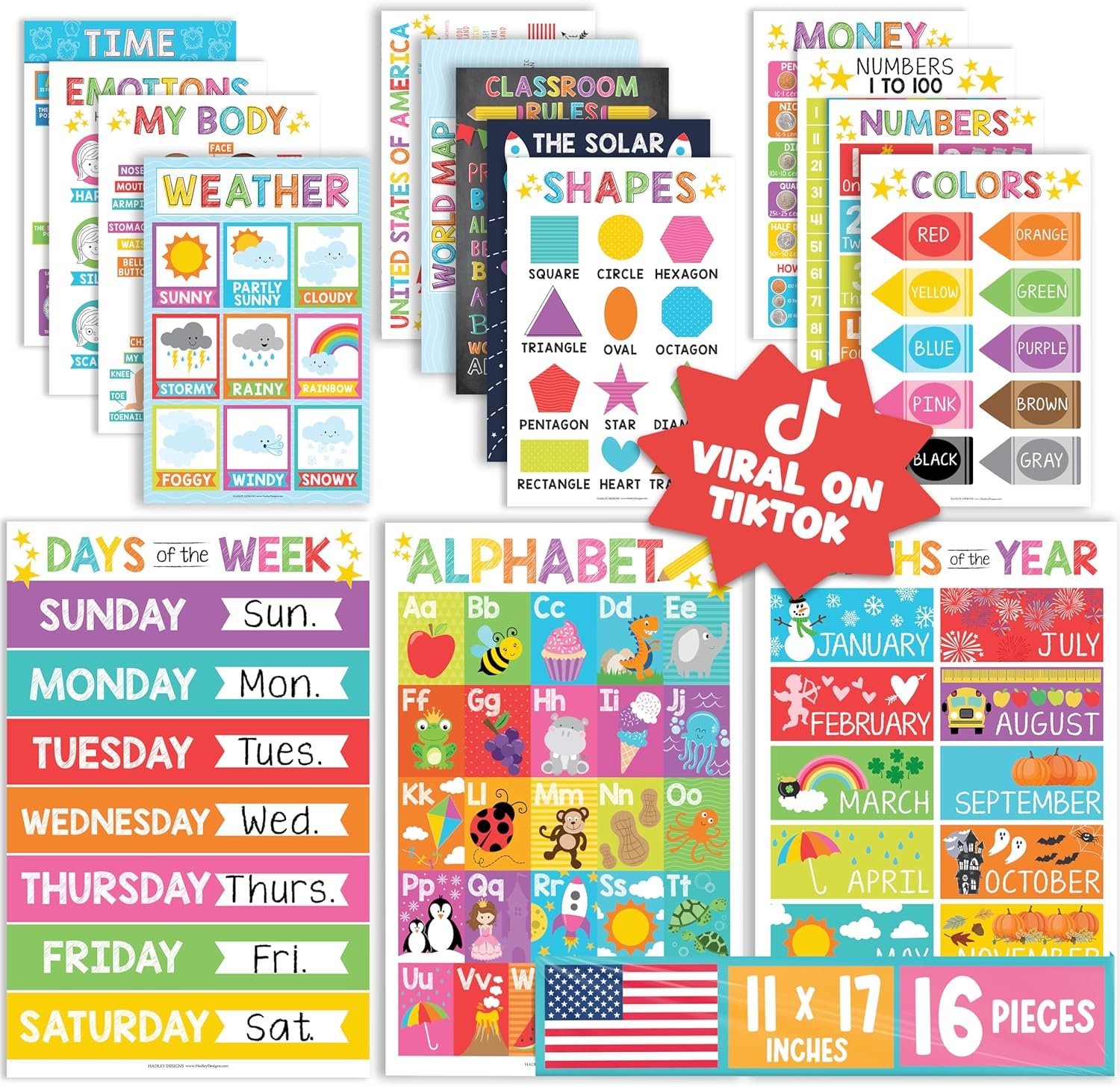 Hadley Designs 16 Educational Posters for Classroom Must Haves – Laminated Pre-K Posters for Toddler Homeschool Essentials, Toddler & Preschool Learning Activities, Kindergarten Classroom Decor